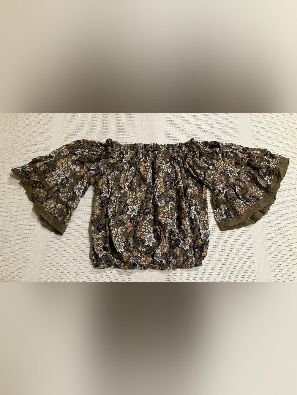 Off-Shoulder Floral Peasant Top - Olive